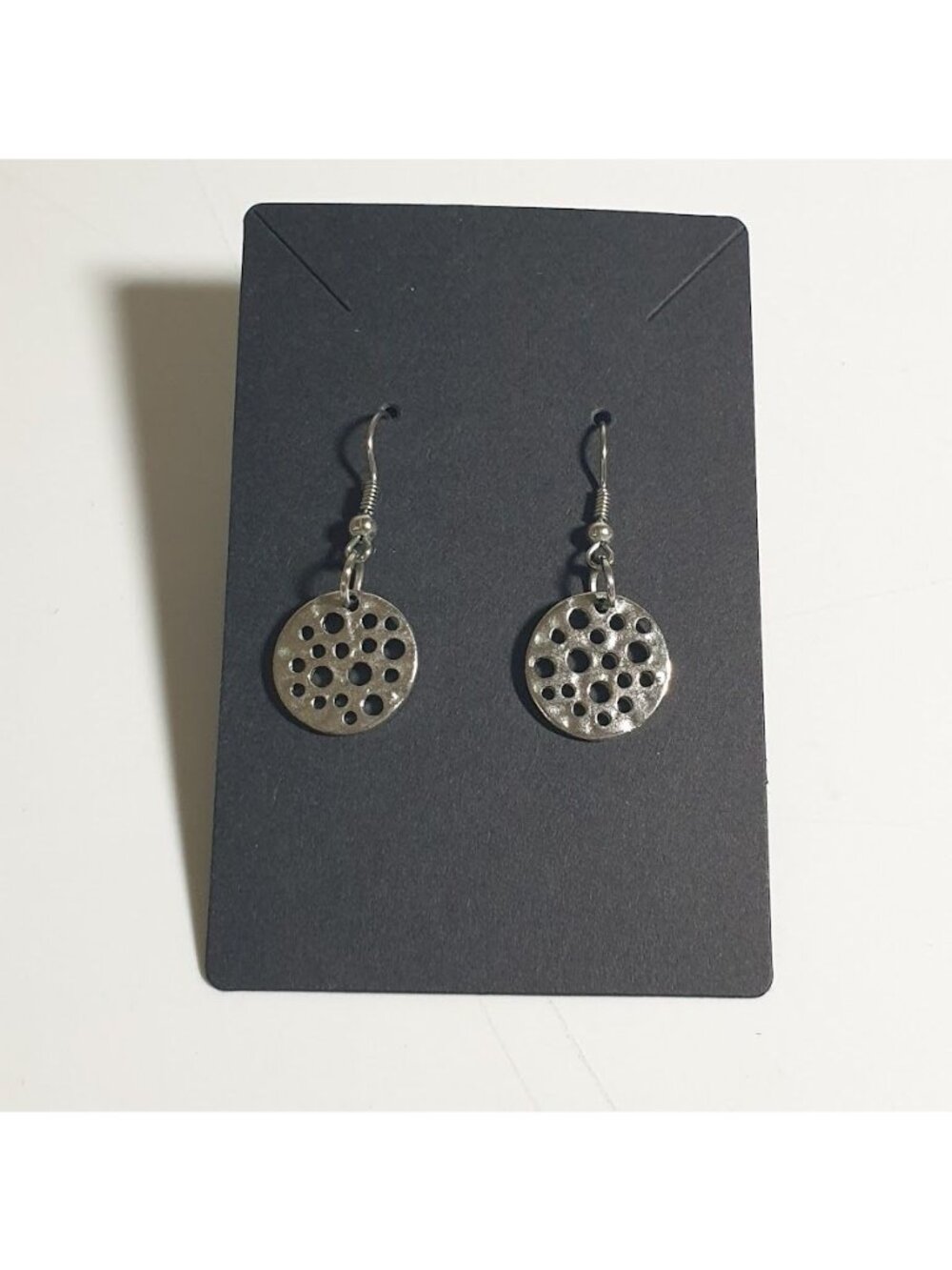 Silver Tone Round Dangle Earrings Circular Cutout Hook Back Modern Style Women
